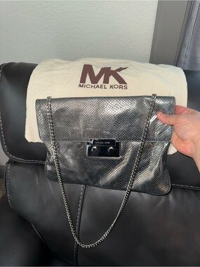 Michael Kors Gunmetal Snake-Embossed Shoulder Bag